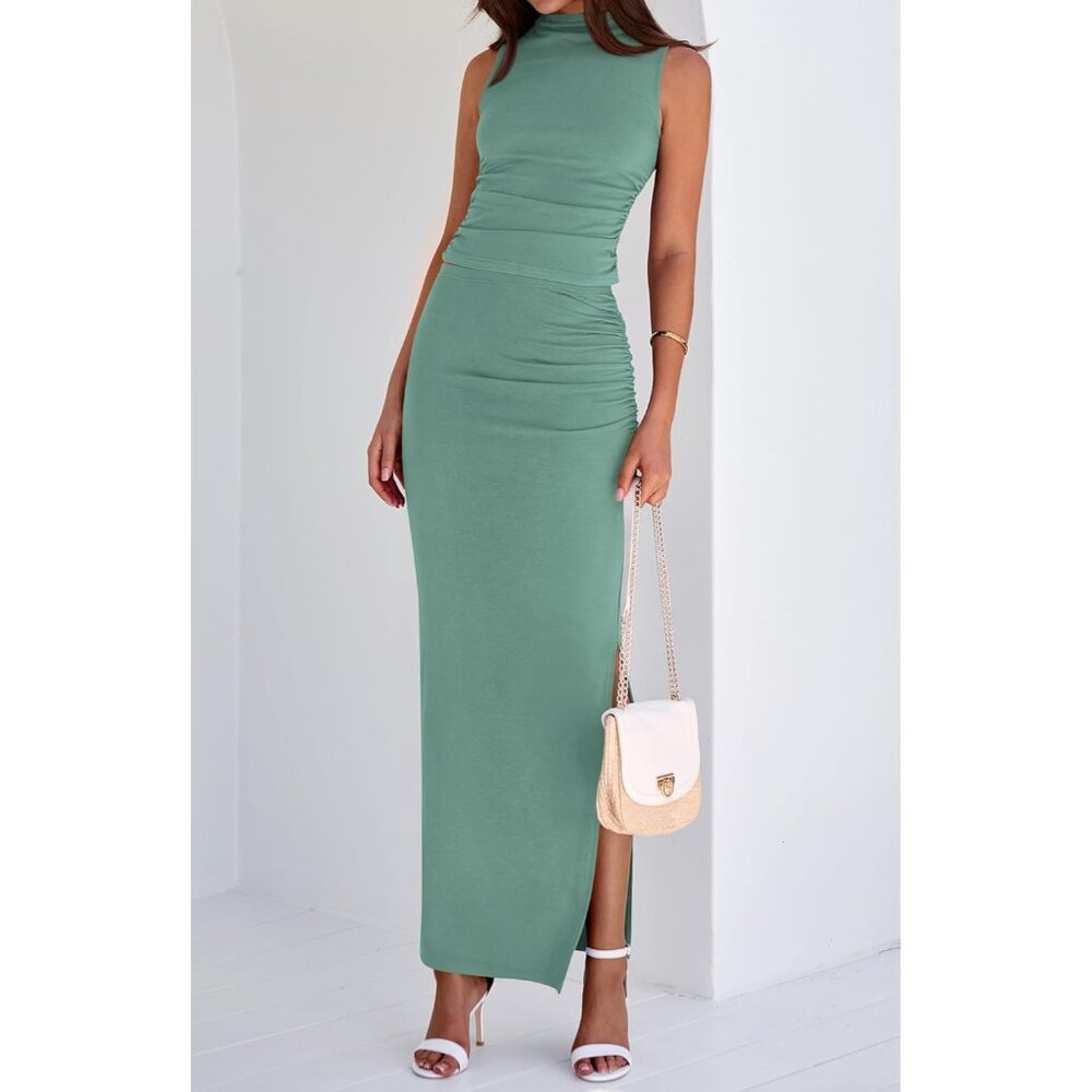 Women Fruit Green Two Piece Sets Going Mock Neck Sleeveless Knit Tops Maxi Skirt - Picture 6 of 6